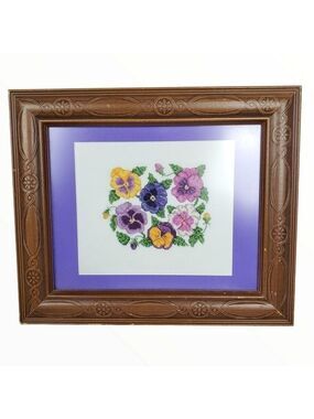 Framed garden floral Pansy Pansies cross stitch